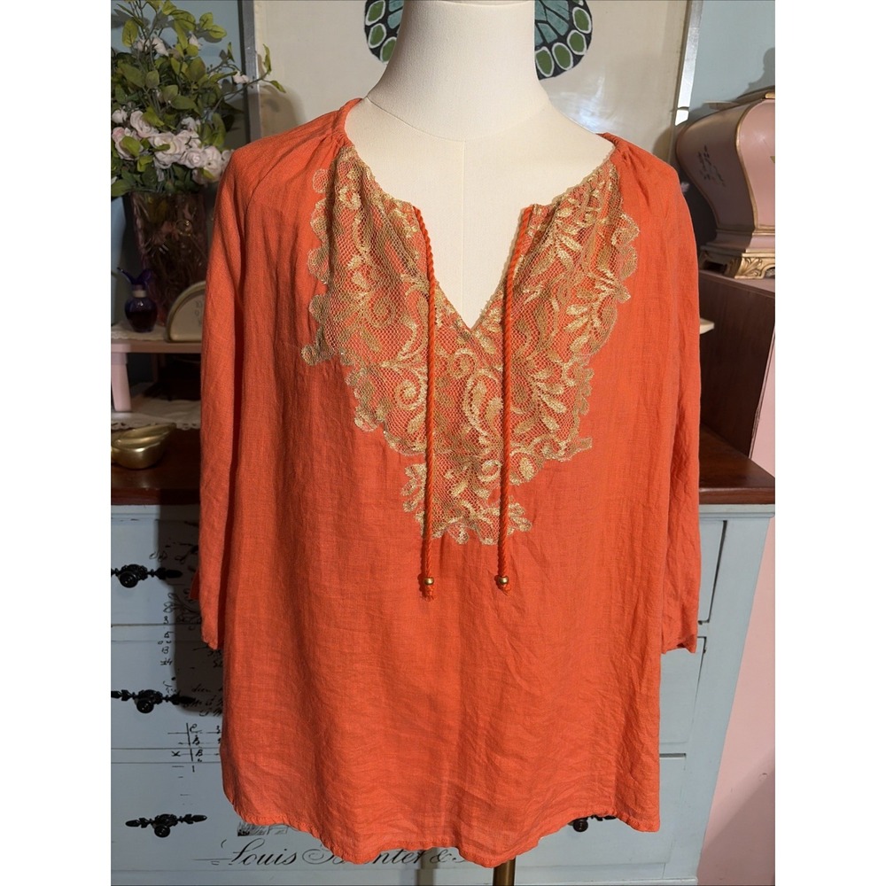 Chico's 100% Linen Orange & Gold Applique Blouse Sz 3 Petite. XL. Boho Fall.